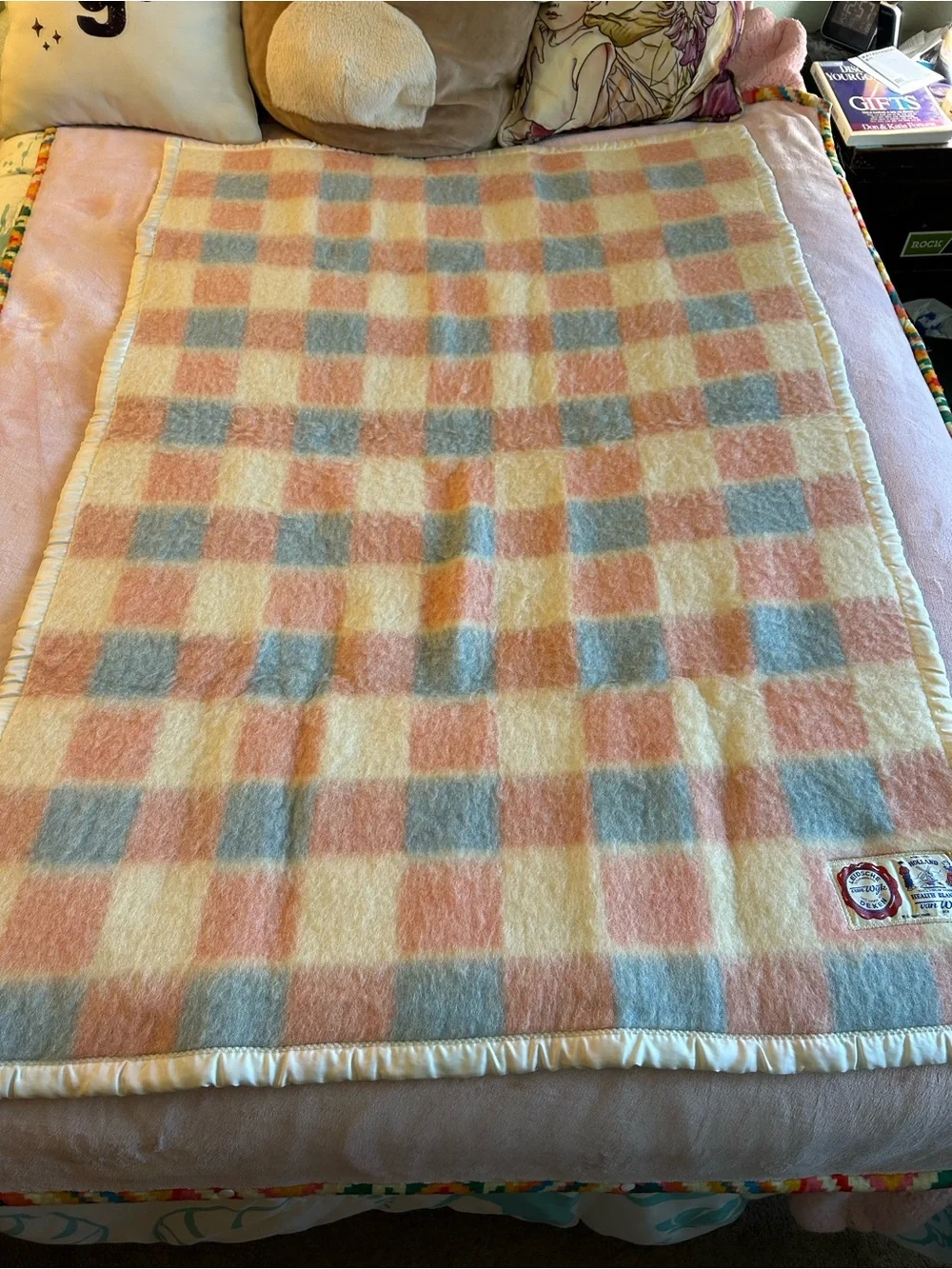 Vintage Van Wyk wool health blanket throw pink blue white satin trim 35X54